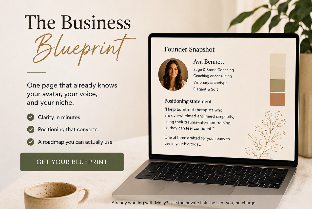 The Business Blueprint shown on a laptop with a founder snapshot and positioning statement