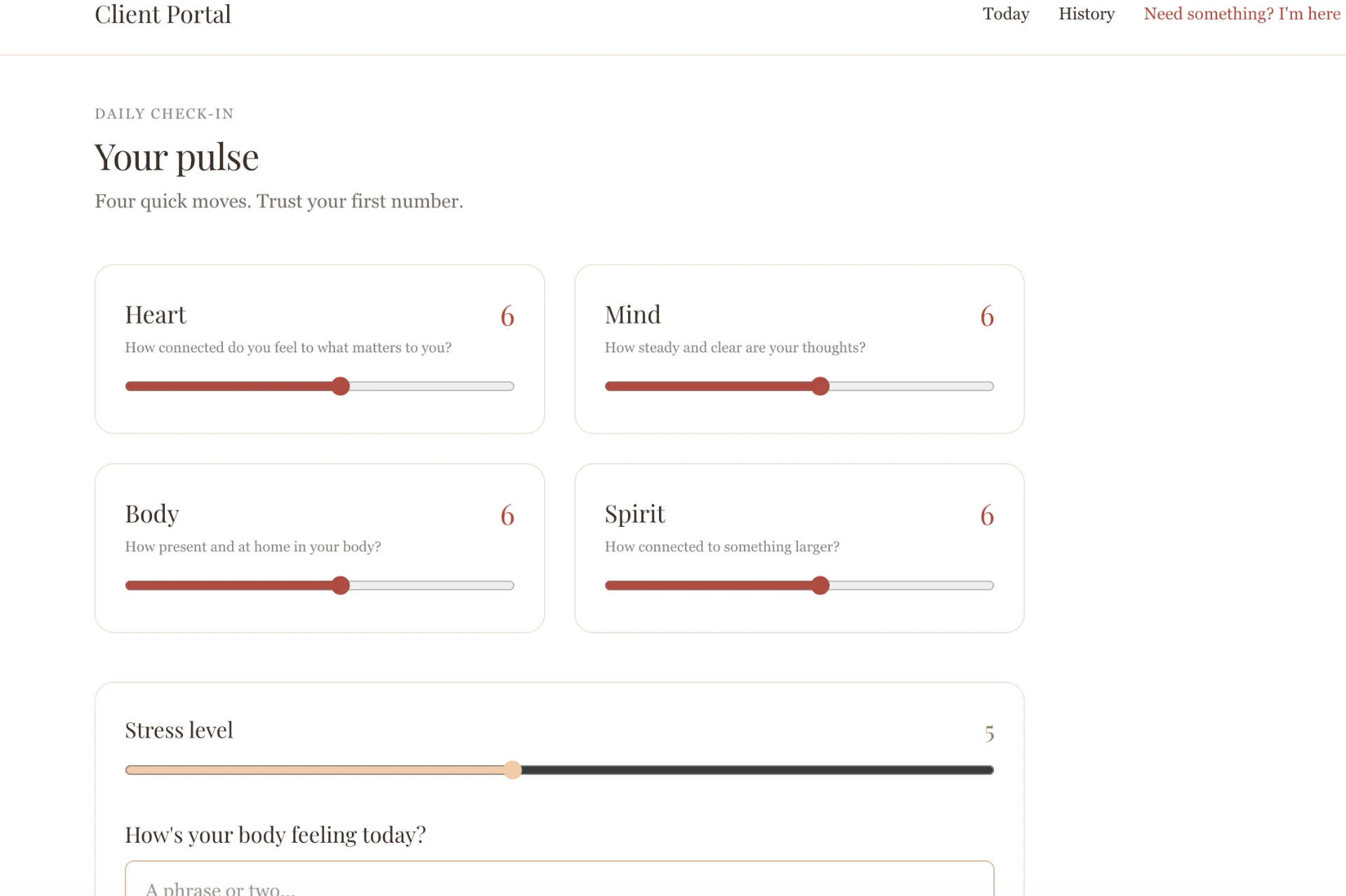 The daily pulse check-in inside the client portal