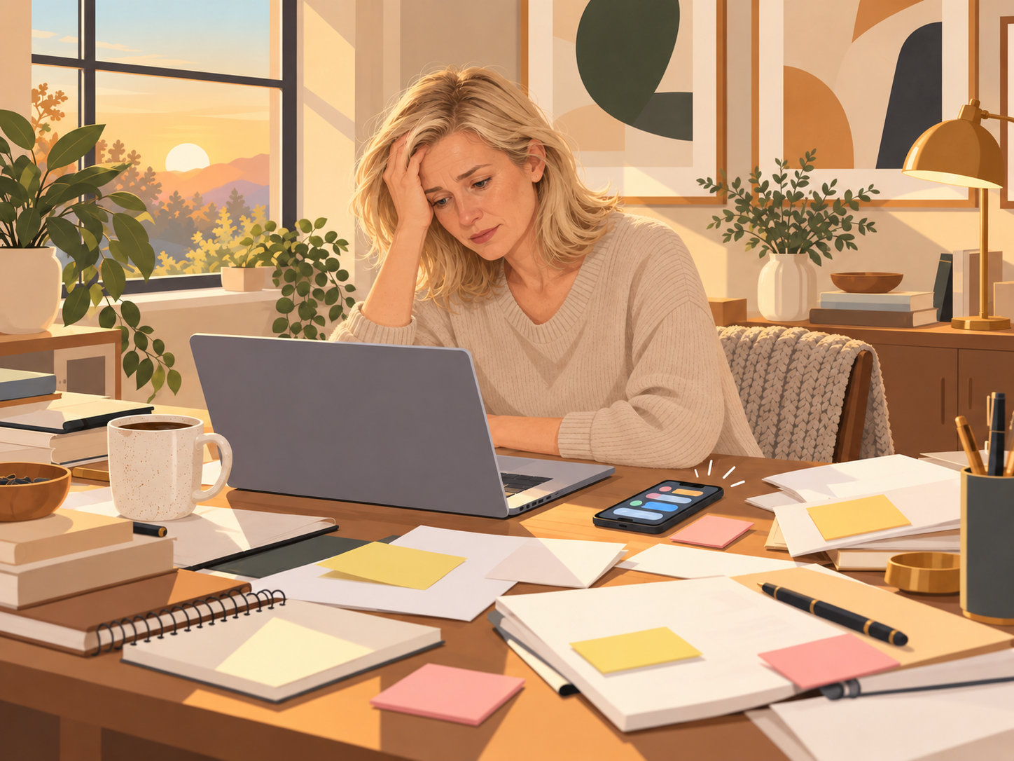A woman at her desk, overwhelmed before her day has started