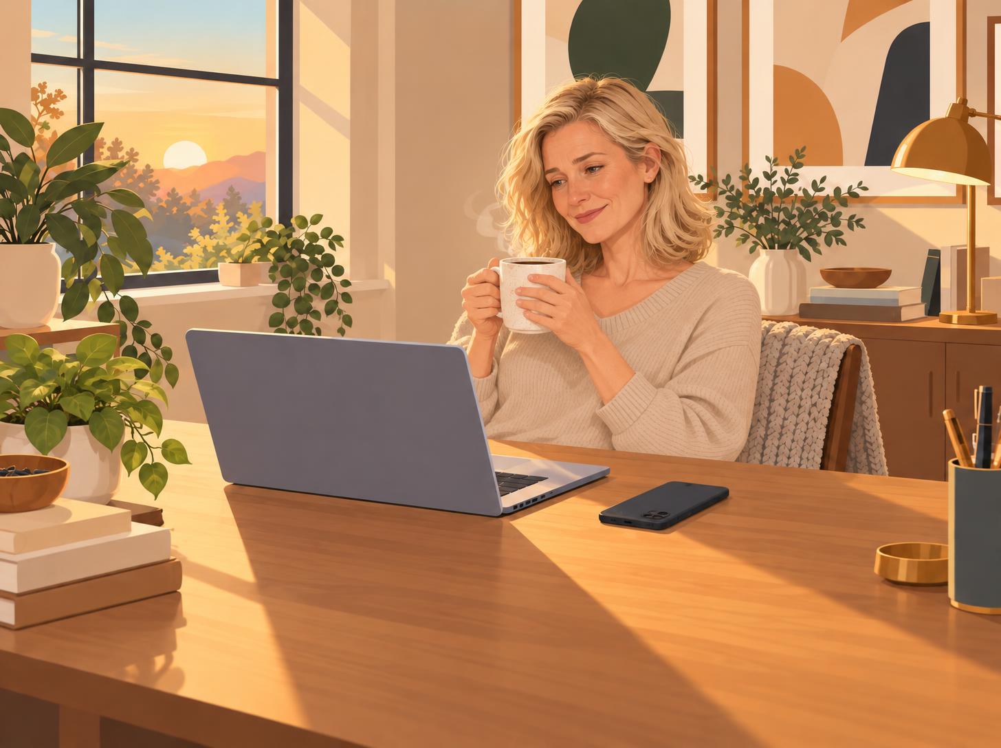 The same woman calm at her desk with her morning coffee