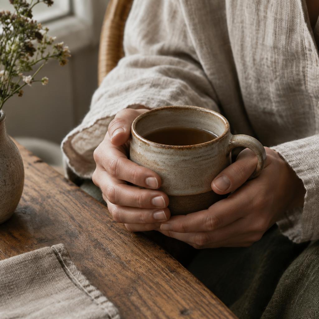 Hands holding a handmade ceramic mug
