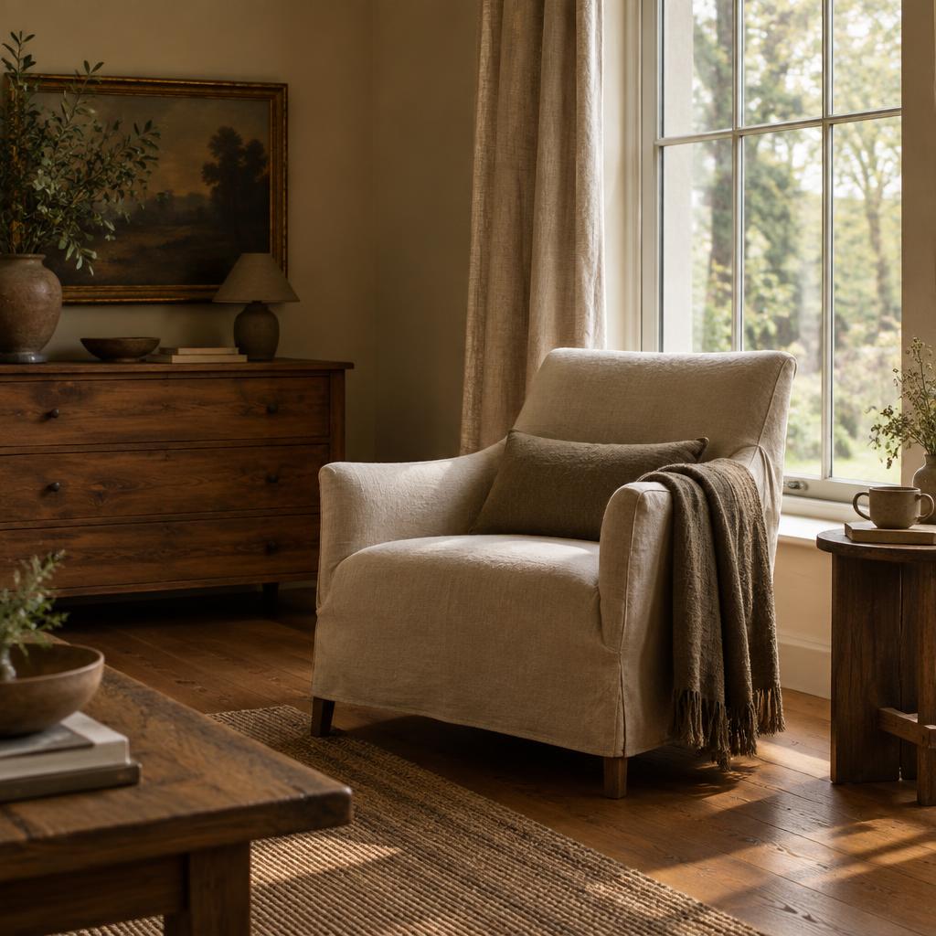 Linen chair beside a sunlit window