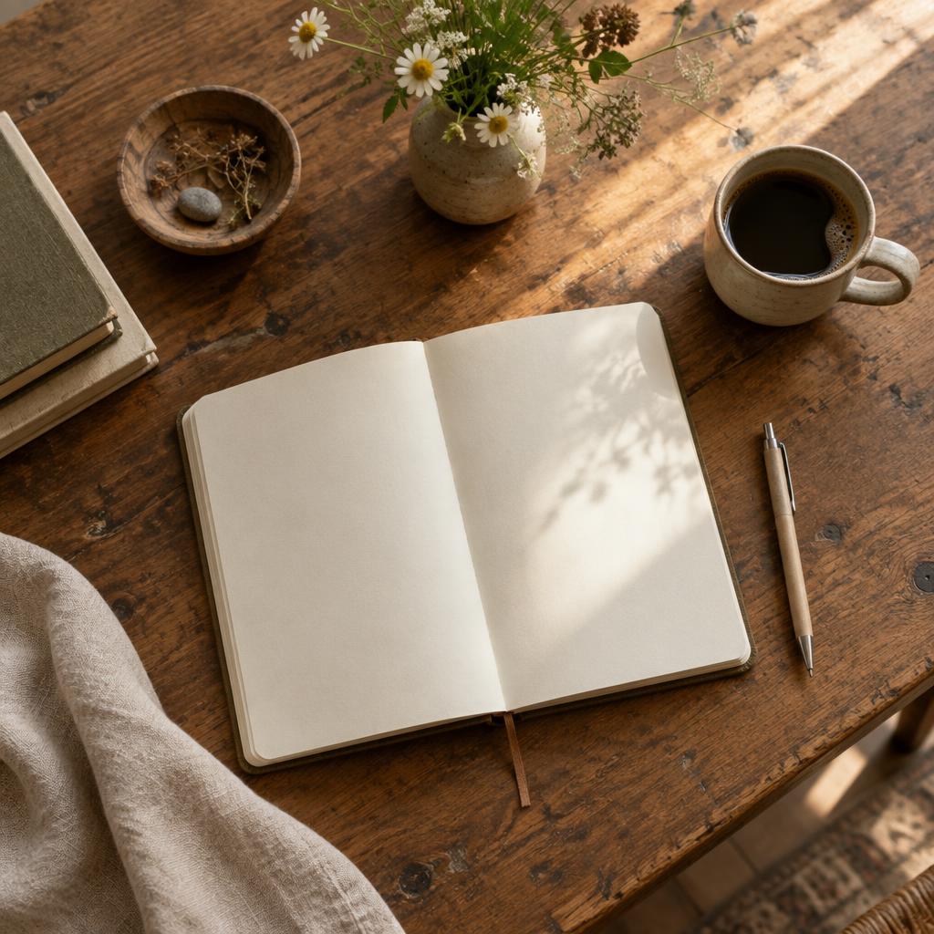 Open notebook and pen on a wooden table
