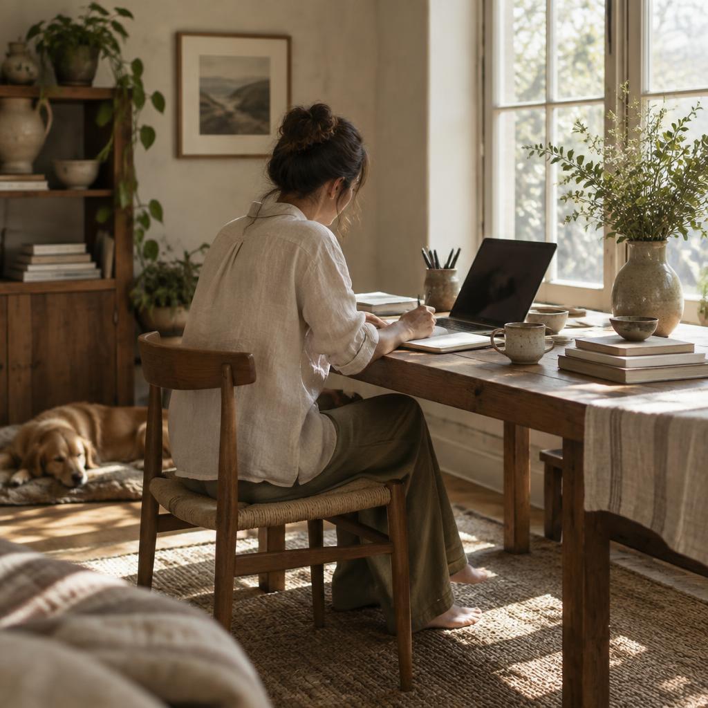 Woman working at a sunlit wooden desk